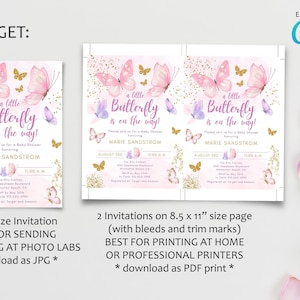 May include: Pink and gold baby shower invitations with butterfly illustrations. The text reads "a little Butterfly is on the way!" and includes details for Marie Sandstrom's baby shower. The invitations are available in 5x7 inch and 8.5x11 inch sizes.