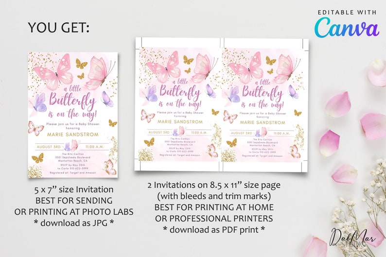 May include: Pink and gold baby shower invitations with butterfly illustrations. The text reads "a little Butterfly is on the way!" and includes details for Marie Sandstrom's baby shower. The invitations are available in 5x7 inch and 8.5x11 inch sizes.
