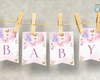 Editable Butterfly Baby Shower Banner, Pink Purple Gold Butterflies Welcome Baby Banner, Girl Butterfly Baby Shower Flag Banner CD001