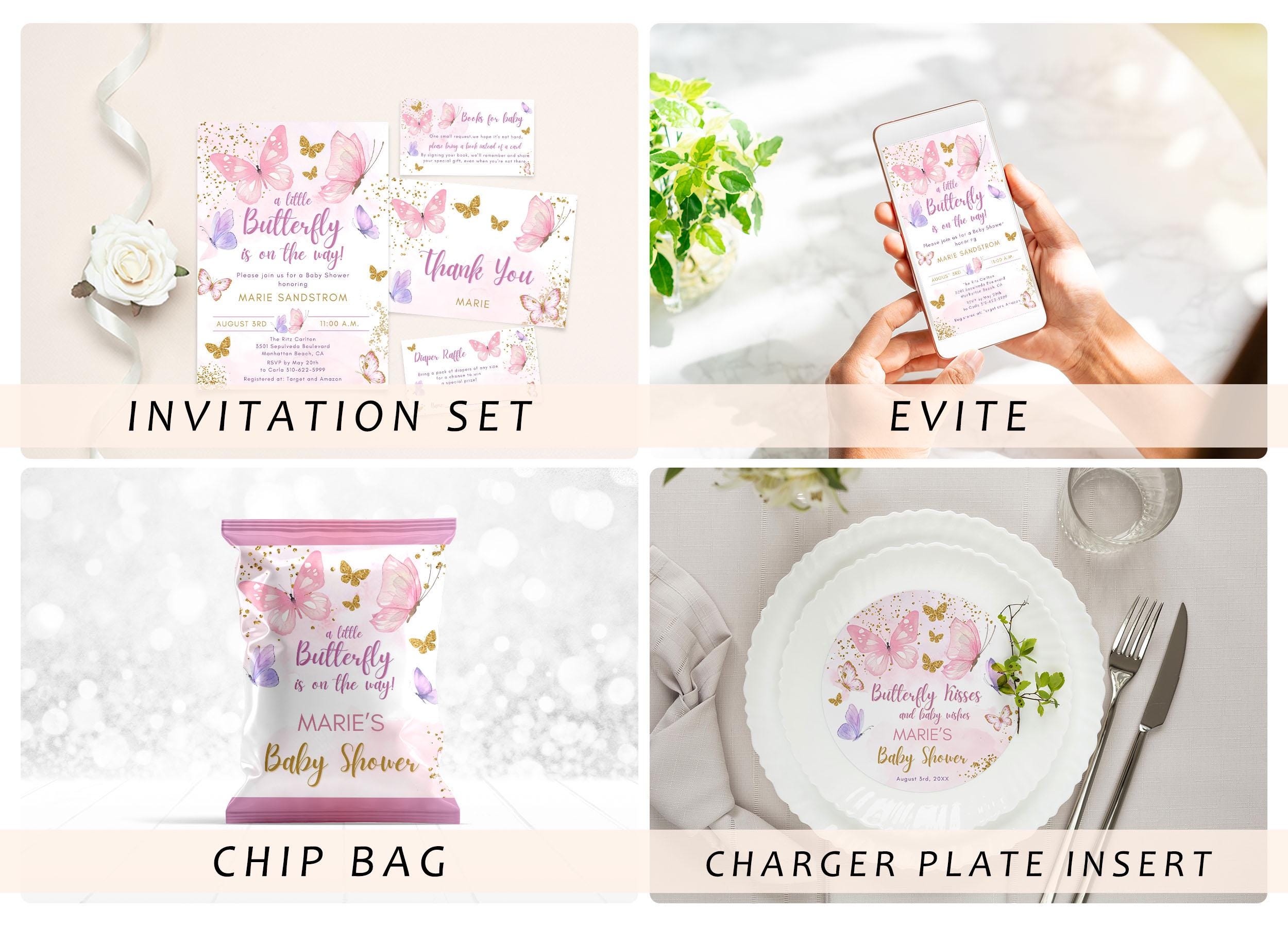 Editable Butterfly Baby Shower Invitation Mega Bundle, Pink Purple Gold ...
