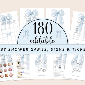 Editable Blue Bow Baby Shower Game Bundle, Elegant Blue Coquette Baby Shower Games Party Set, Minimalist Boy Games with Answers Canva CD013