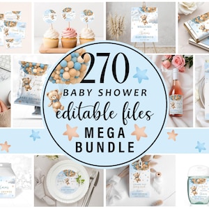 May include: A blue and brown baby shower party printable bundle with 270 editable files. The bundle includes invitations, thank you cards, food labels, and more. The design features a teddy bear with balloons.