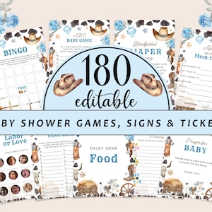 Digital A little Cowboy Is On The Way Baby Shower Game Bundle, Editable Wild Western Games Party Set, Baby Rodeo Games with Answers CD037