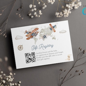 Flugzeug-Baby-Geschenk-Registratur-Karte, Vintage Blau Doppeldecker Reise Abenteuer QR-Code-Karte, Up Up and Away Baby Boy Register Geschenkkarte CD025