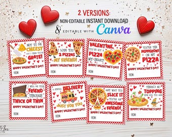 Printable Pizza Valentines Cards, Pizza Cookie Valentines for Kids, Classroom Exchange Tags, Pizza Preschool Kindergarten Canva Editable