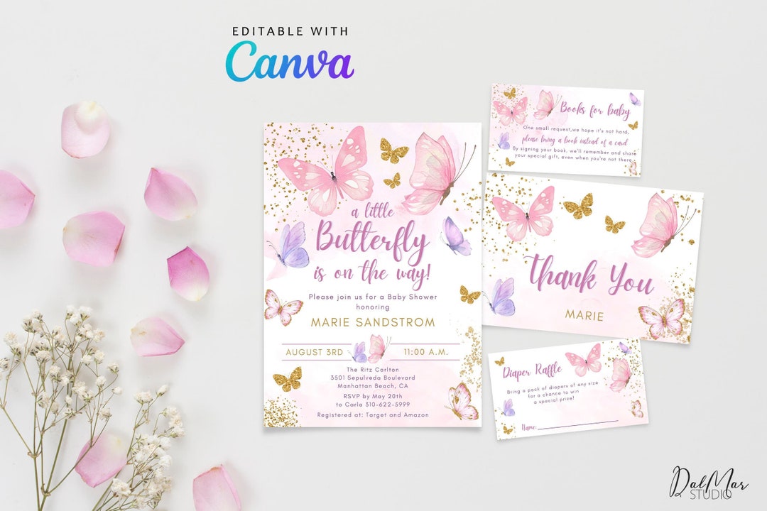 Butterfly Baby Shower Invitation Set, Editable Pink Purple Gold ...