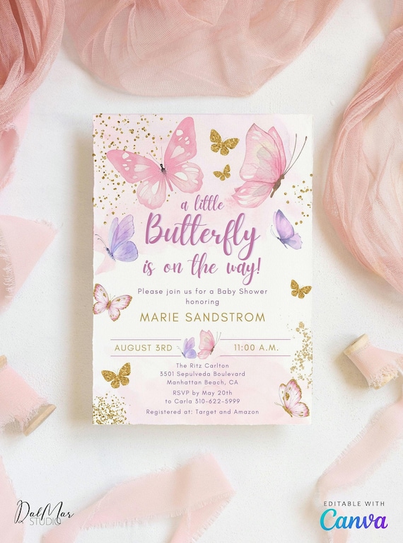 Butterfly Baby Shower Invitation, Editable Pink Purple Gold Butterflies Baby Shower Invite, Girl Butterfly Baby Shower Invite CD001