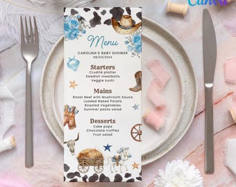 Editable A Little Cowboy Baby Shower Dinner Menu, Digital Wild Western Brunch Lunch Reception Menu, Baby Rodeo Baby Shower Decor CD037