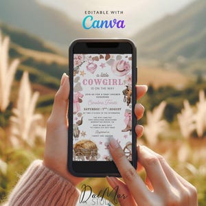 Digital A Little Cowgirl Is On The Way Evite, Wild Western Invitation, Editable Baby Rodeo Invite, Baby Pink Brown Clothes Invitation CD038