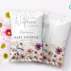 Editable A Little Wildflower Baby Shower Chip Bag, Digital Purple Pink Flower Chip Bag, Colorful Flowers Snacks Bag Wrapper Favor CD009
