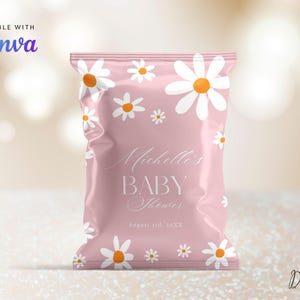 Editable Daisy Baby Shower Chip Bag, Digital Baby in Bloom Chip Bag, Pink Floral Boho Groovy Snacks Bag, Hippy Bohemian Wrapper Favor CD029