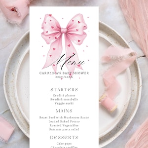 Menu du dîner modifiable pour baby shower avec noeud rose, menu de réception déjeuner brunch coquette rose coeurs, décoration de fête Saint Valentin fille chérie CD033