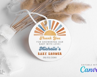 Editable Here Comes The Son Baby Shower Circle Tag, Digital Sun Favor Tags, Boho Boy Ray of Sunshine Baby Shower Gift Thank You Tags CD026