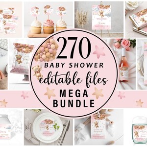 Editable Bear Baby Shower Invitation Mega Bundle, Pink Brown Balloons Games Signs Set, Girl Teddy Bear Party Mega Pack CD004