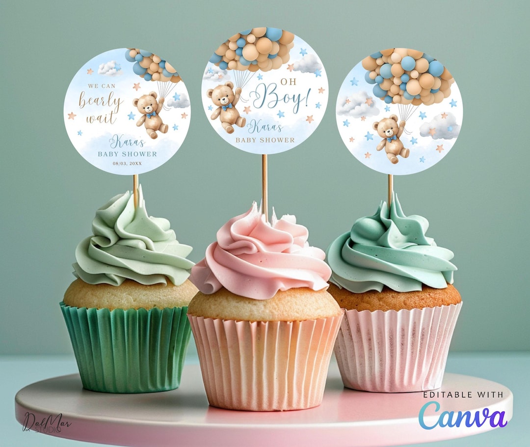 Teddy Bear Cupcake Toppers, Blue Brown Balloons Baby Shower, Boy Bear 2 ...