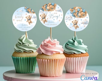 Teddy Bear Cupcake Toppers, Blue Brown Balloons Baby Shower, Boy Bear 2 inch Round Cake Toppers, Editable in Canva CD003
