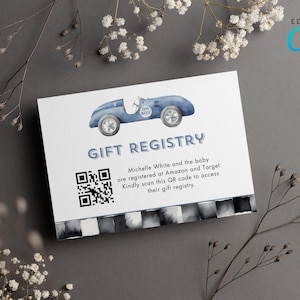 Blaue Rennwagen-Geschenk-Karte, Oh Boy Vintage Rennwagen Blaue Kleidung QR-Code-Karte, Ein Baby ist fast hier Karte CD031