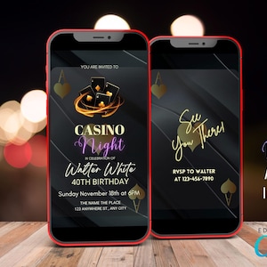 Invitación animada para una noche de casino, video de invitación de cumpleaños con cartas de póker editables, celebración de juegos de azar en línea, descarga digital CAS013