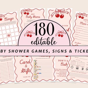 May include: A collection of baby shower games, signs, and tickets with a vintage cherry design. The set includes bingo cards, advice cards, and other game templates. The text "180 editable" is prominently displayed.