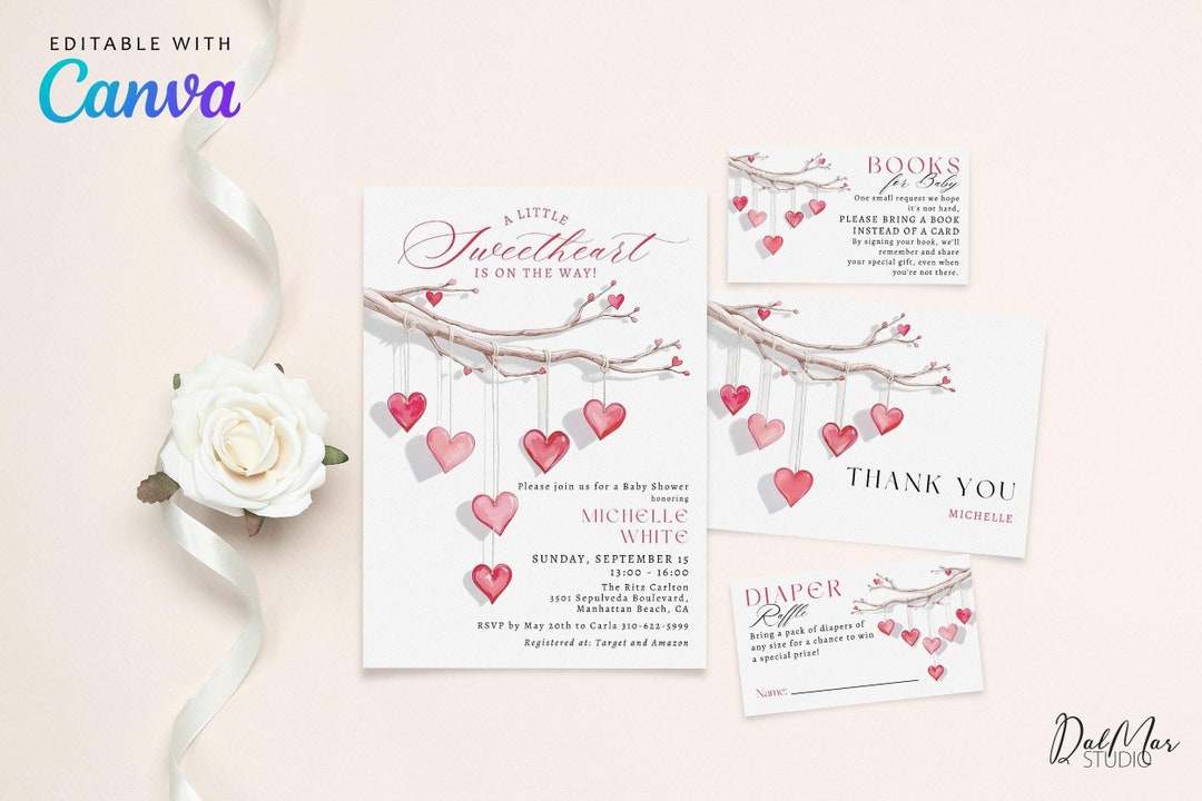 Pink Invitations Heart Editable Pink Red Hearts Baby Shower Invitation Set, Valentine ...