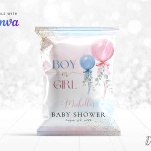 May include: A pink and blue gender reveal party favor bag with a watercolor design of balloons and greenery. The bag has the text "Boy or Girl" and "Michelles Baby Shower" with a date.