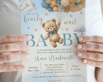Bear Baby Shower Invite, We Can Bearly Wait Invitation, Teddy Bear Invite for Boys, Editable in Canva, Blue Boy Boho Bear Baby Shower, CD003