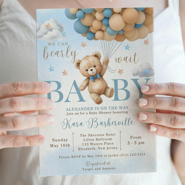 Bear Baby Shower Invite, We Can Bearly Wait Invitation, Teddy Bear Invite for Boys, Editable in Canva, Blue Boy Boho Bear Baby Shower, CD003