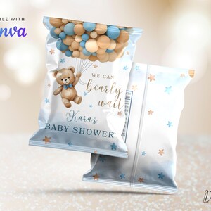 Editable Teddy Bear Baby Shower Chip Bag, Blue Brown Balloons Chip Bag, Boy Bear Baby Shower Snacks Bag Wrapper Favor CD003 image 6