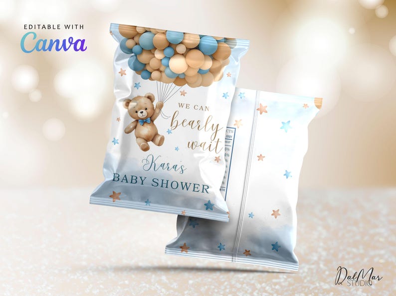 Editable Teddy Bear Baby Shower Chip Bag, Blue Brown Balloons Chip Bag, Boy Bear Baby Shower Snacks Bag Wrapper Favor CD003 image 6