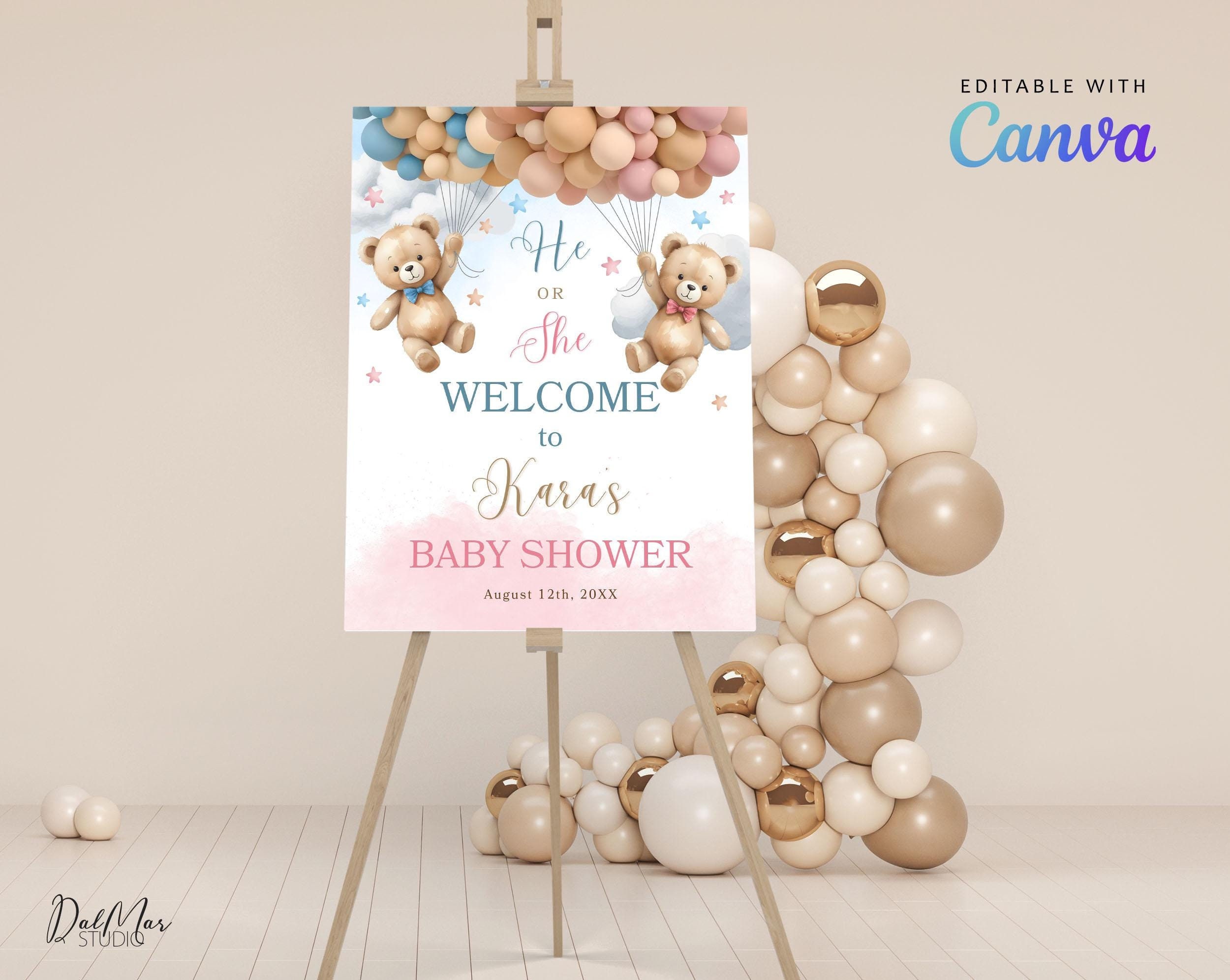 Kleiner Teddybär-Babyparty-Willkommensschild, bearbeitbar in Canva, Geschlecht offenbaren Babypartyplakat, Bär-Willkommensplakat-Ballondekor CD008