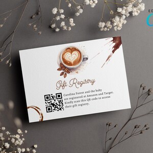 Kaffee-Baby-Geschenk-Karte, digitales Baby braut QR-Code-Karte, Geschlechtsneutrale Babyparty-Karte mit Kaffee-Thema CD018