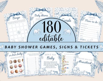 Blue Safari Toile De Jouy Baby Shower Invitation (Canva Editable) CD068