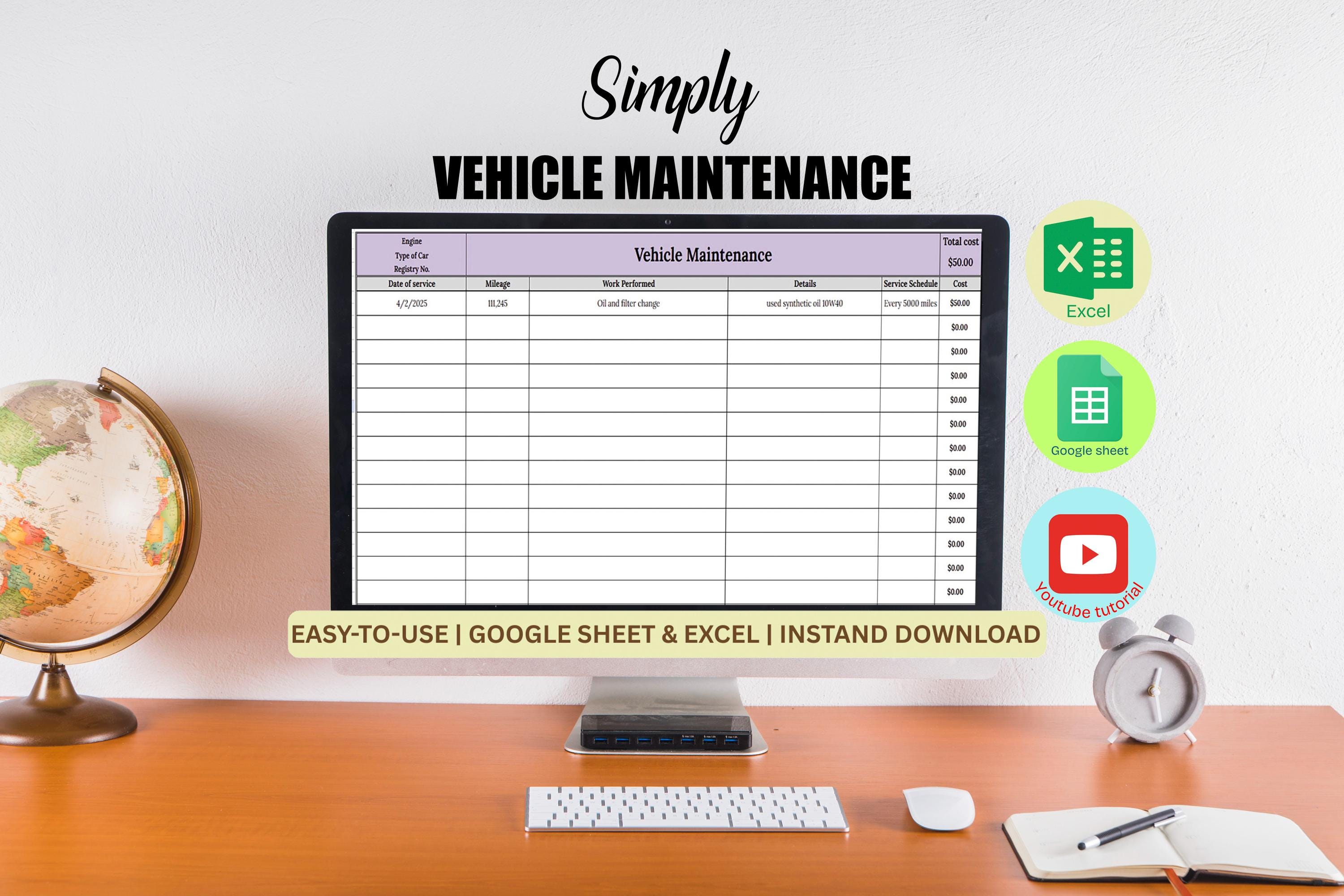 Car Maintenance Log Excel Template: Auto Repair Tracker (digital ...