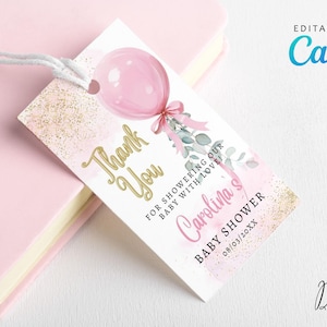 Editable Girl Baby Shower Tag, Digital Pink Balloon Favor Tags, Eucalyptus Watercolor Baby Shower Gift Thank You Tags for Guests Canva CD022