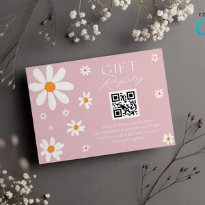 Bearbeitbare Gänseblümchen-Geschenk-Registrierkarte, digitales Baby in Bloom QR-Code-Karte, Hippie-Rosa-Blumen-Boho-Groovy-Registrierkarte, Canva Editable CD029