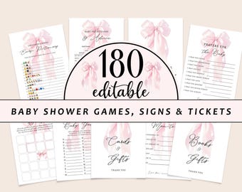 Editable Pink Bow Baby Shower Game Bundle, Elegant Pink Coquette Baby Shower Games Party Set, Minimalist Girl Games with Answers CD012