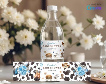 Editable A little Cowboy Baby Shower Water Bottle Labels | Wild Western Bottle Wraps | Baby Rodeo Decor | Printable Drink Labels CD037