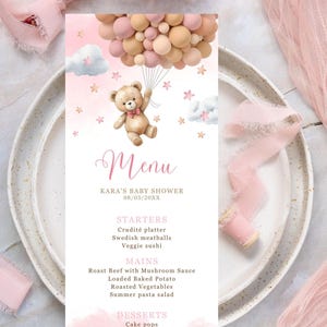 Editable Teddy Bear Baby Shower Dinner Menu, Pink Brown Balloons Brunch Lunch Reception Menu, Girl Teddy Bear Baby Shower Decor CD004