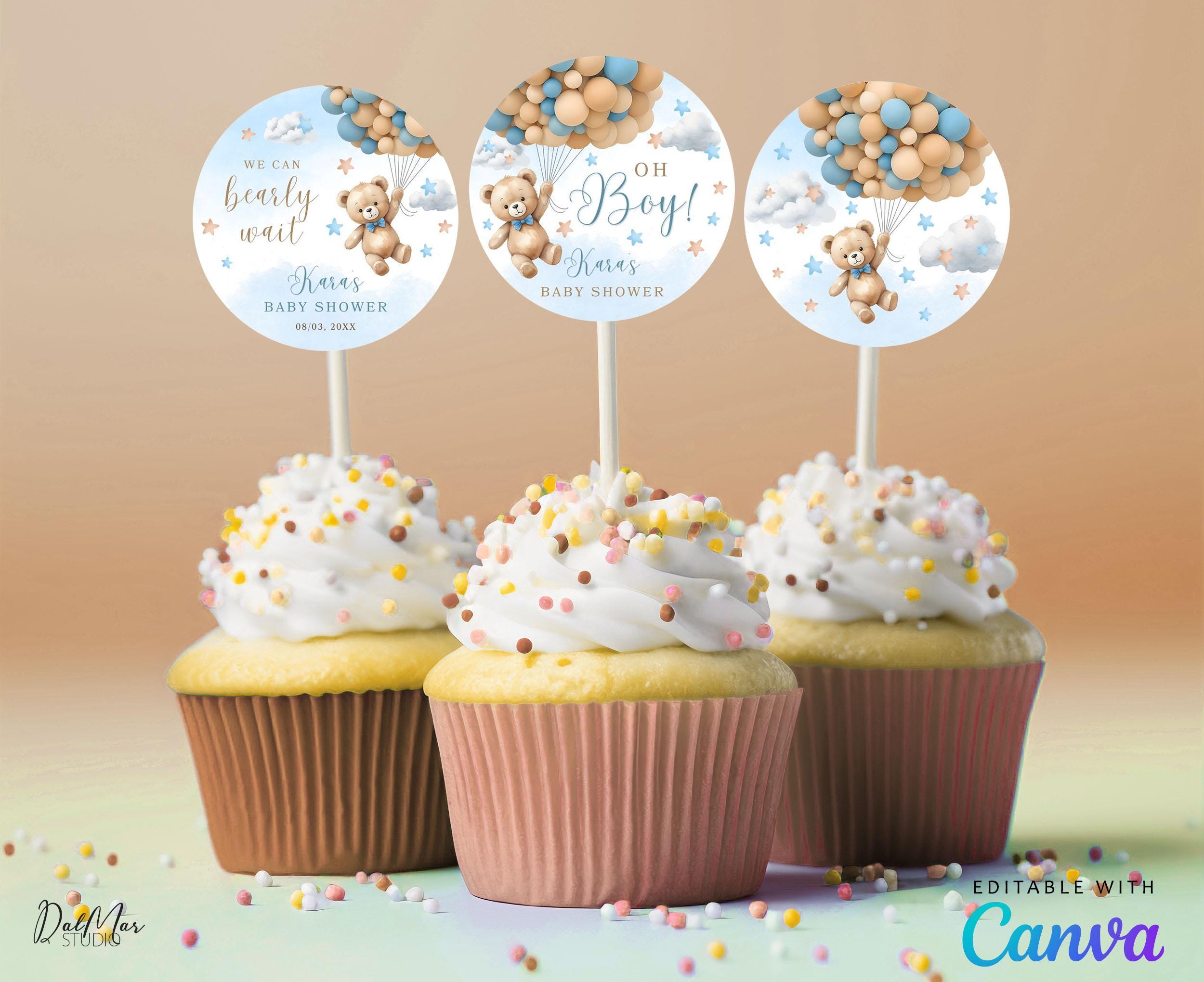 Teddy Bear Cupcake Toppers, Blue Brown Balloons Baby Shower, Boy Bear 2 ...