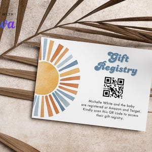 Hier kommt die Sohn-Gift-Registry-Karte, bearbeitbare digitale Sun QR-Code-Karte, Boho Boy Ray of Sunshine-Babyparty-Registry-Geschenkkarte CD026