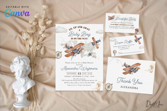 Editable Airplane Baby Shower Invitation Set, Vintage Blue Biplane Travel Adventure Bundle, Up Up and Away Baby Boy Invite Canva CD025