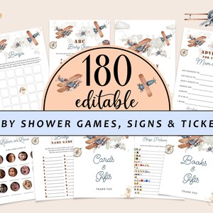 Editable Airplane Baby Shower Game Bundle, Vintage Blue Biplane Travel Adventure Games Party Set, Up Up and Away Games with Answers CD025
