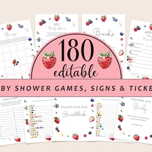 Puede incluir: Una colección de juegos, letreros y boletos para baby shower con un tema de bayas en acuarela. El diseño incluye bingo, juego ABC, tarjetas de consejos y un libro de visitas. El texto dice "180 editable" y "Baby Shower Games, Signs & Tickets."