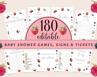 Blueberry Baby Shower Game Bundle, Editable Strawberry Sweet Games Party Set, Digital Greenery Games with Answers, Canva Editable CD042