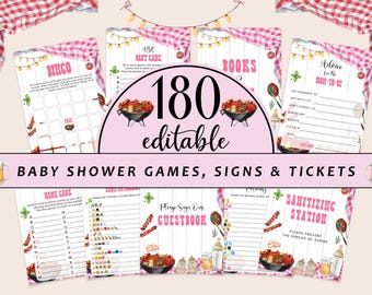 Editable Pink Baby-Q Baby Shower Game Bundle, Baby Q Backyard Couples Baby Sprinkle, Digital Girl Backyard Party Games with Answers CD048
