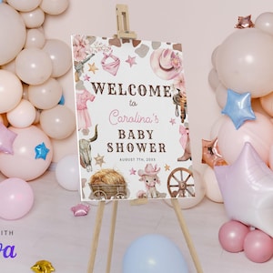 Editable A little Cowgirl Is On The Way Baby Shower Welcome Sign, Wild Western Baby, Baby Pink Brown Clothes Welcome Poster Decor CD038