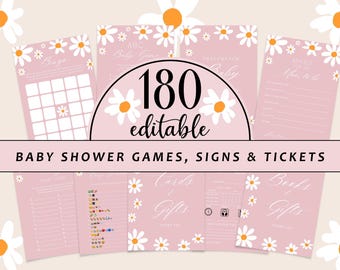 May include: A set of 180 editable baby shower games, signs, and tickets featuring a pink background with white daisy flowers. The text "180 editable" is in black text. The text "BABY SHOWER GAMES, SIGNS & TICKETS" is in black text.