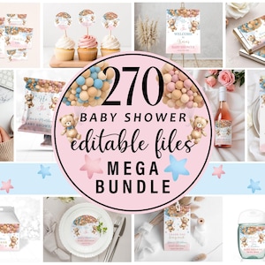 Editable Bear Baby Shower Invitation Mega Bundle, Blue Pink Balloons Games Signs Set, Gender Reveal Teddy Bear Party Mega Pack CD008