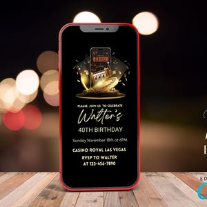 Invitación animada de cartas de póquer, invitación de cumpleaños con video de casino, celebración de juegos de azar en teléfono digital, editable en Canva CAS014