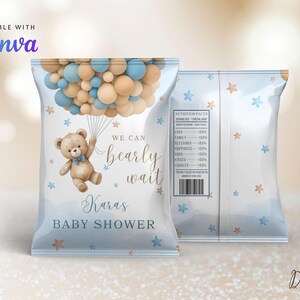 May include: Blue and brown baby shower favor bags with a teddy bear holding balloons. The bags have the text "We can bearly wait" and "Kara's Baby Shower".